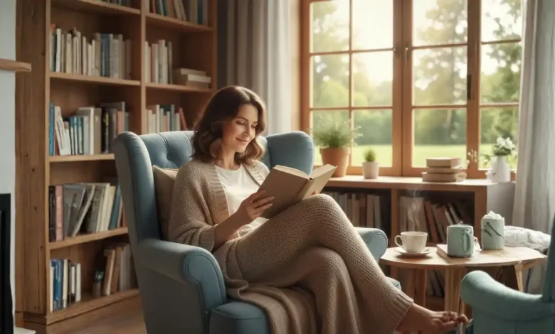Mulher lendo livro como forma de autocuidado emocional e bem-estar feminino
