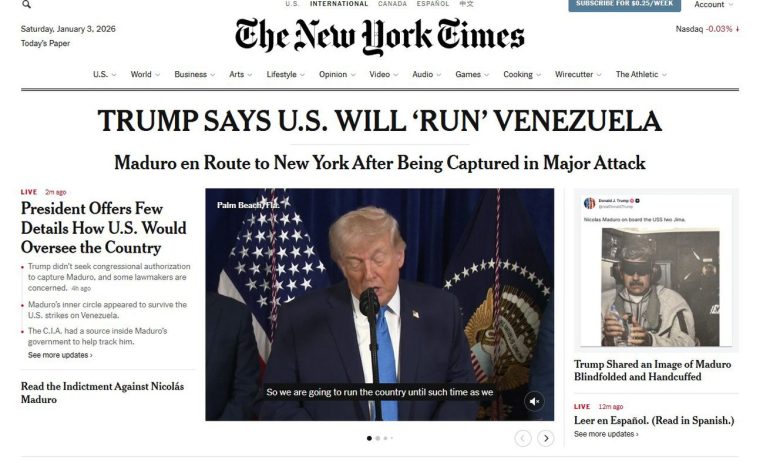 Ataque de Trump à Venezuela é ilegal e imprudente, diz New York Times