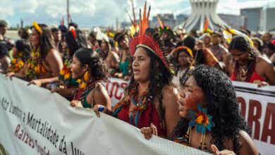 Em marcha, indígenas revelam orgulho de erguer faixas e bandeiras